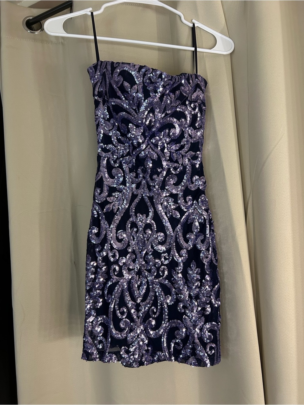 Strapless Navy Sequin Homecoming Mini Dress